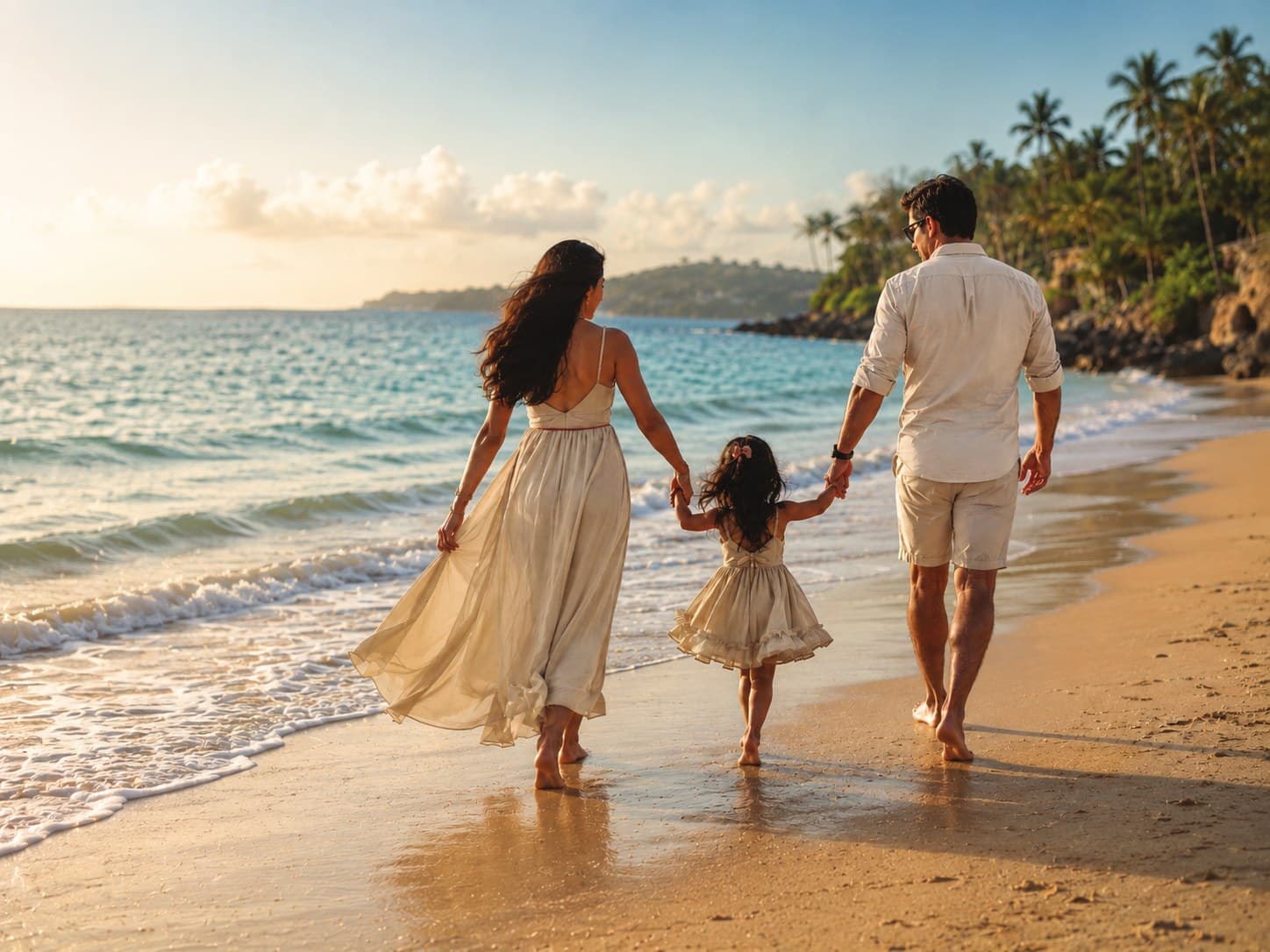A family walking hand in hand along the shoreline at sunset